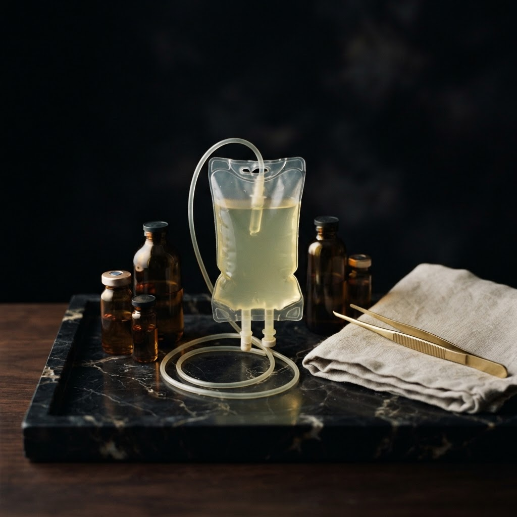 An Atelier IV infusion tray with vials arranged on black marble