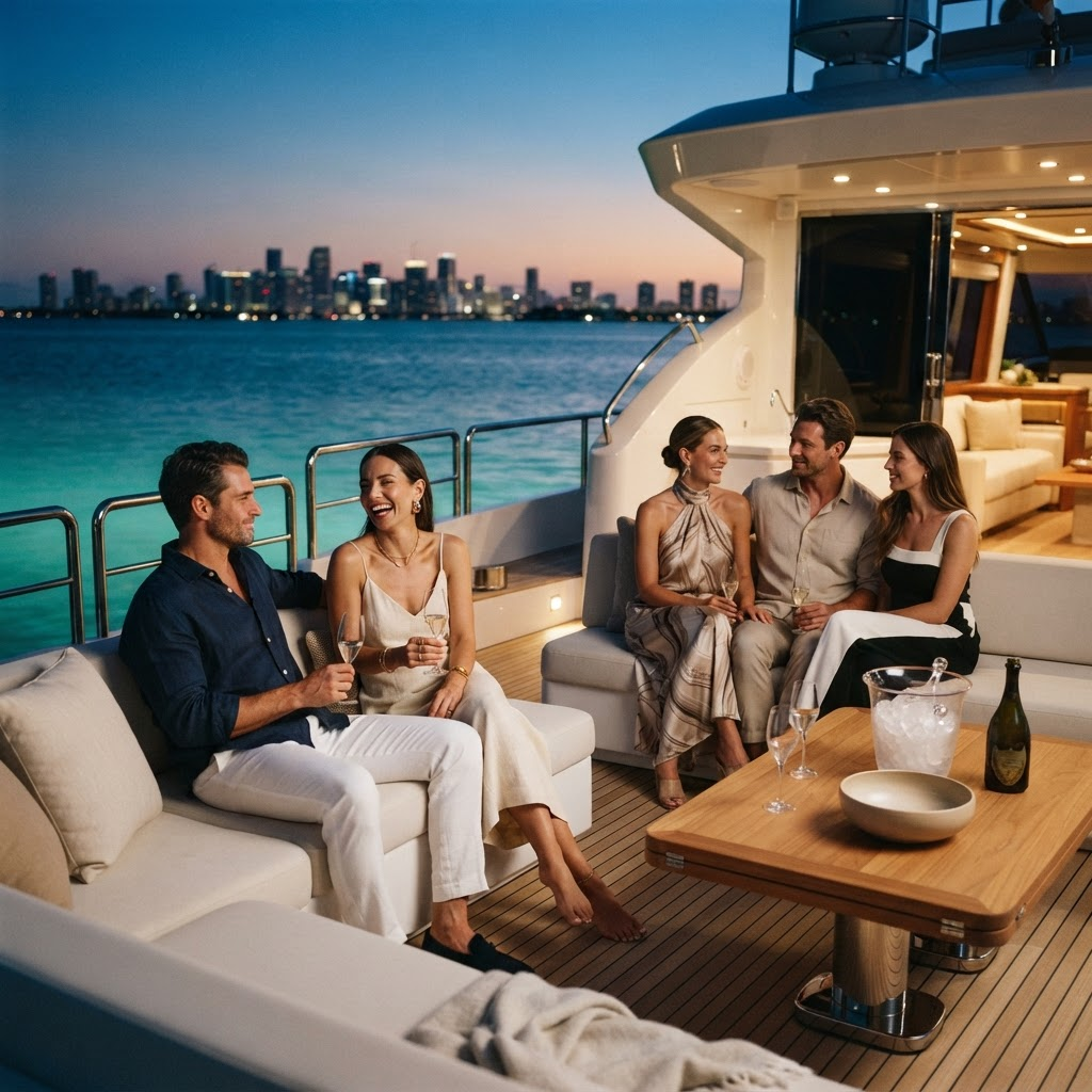 Guests relaxing on a private yacht off the Miami coast at golden hour